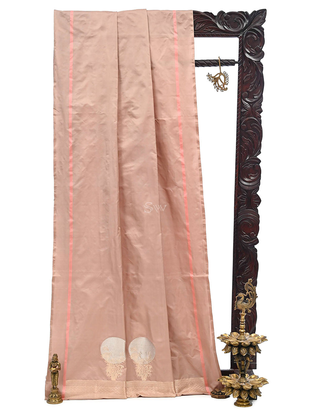 Pastel Peach Plain Satin Silk Handloom Banarasi Saree
