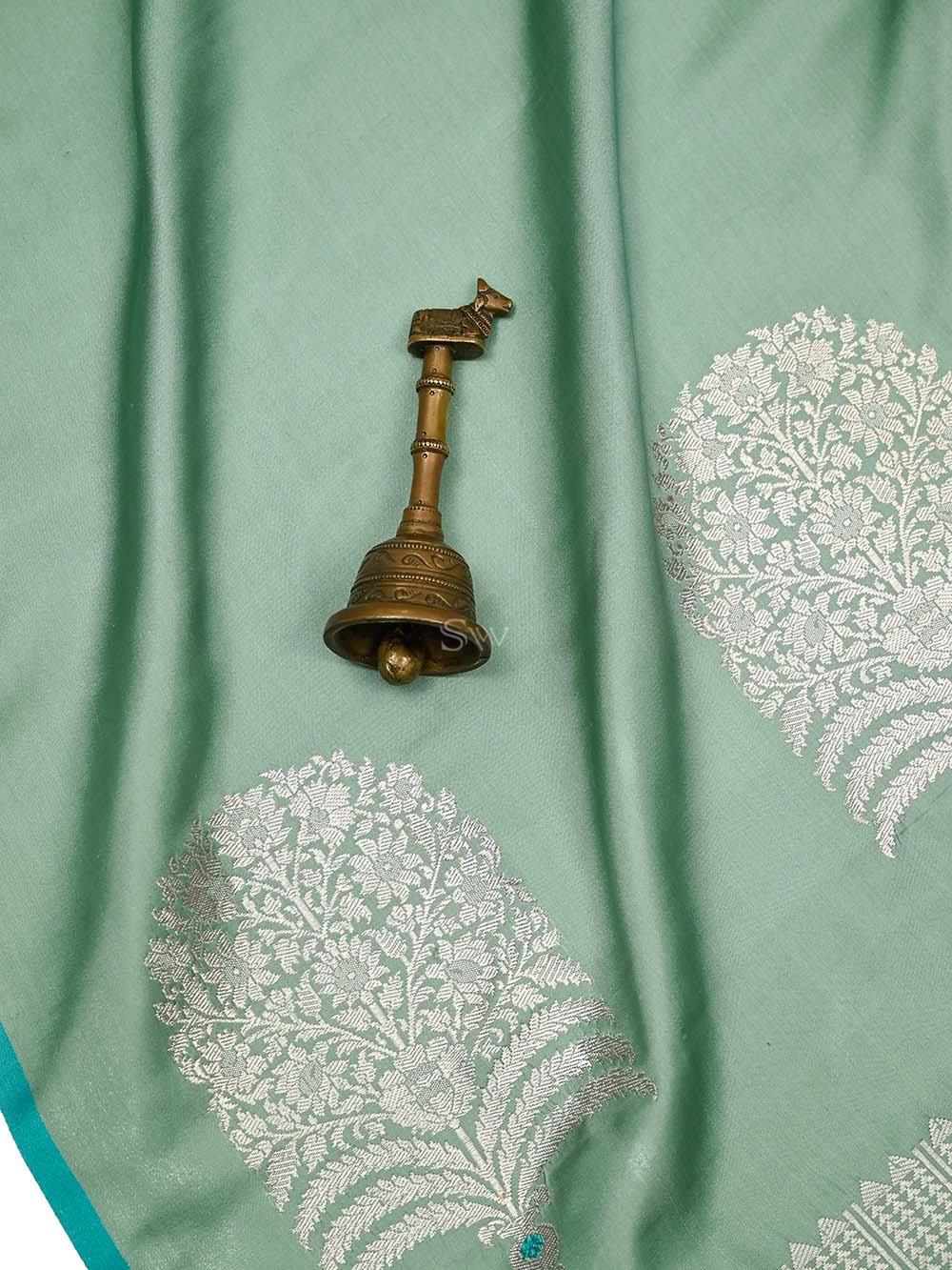 Muted Green Plain Satin Silk Handloom Banarasi Saree - Sacred Weaves