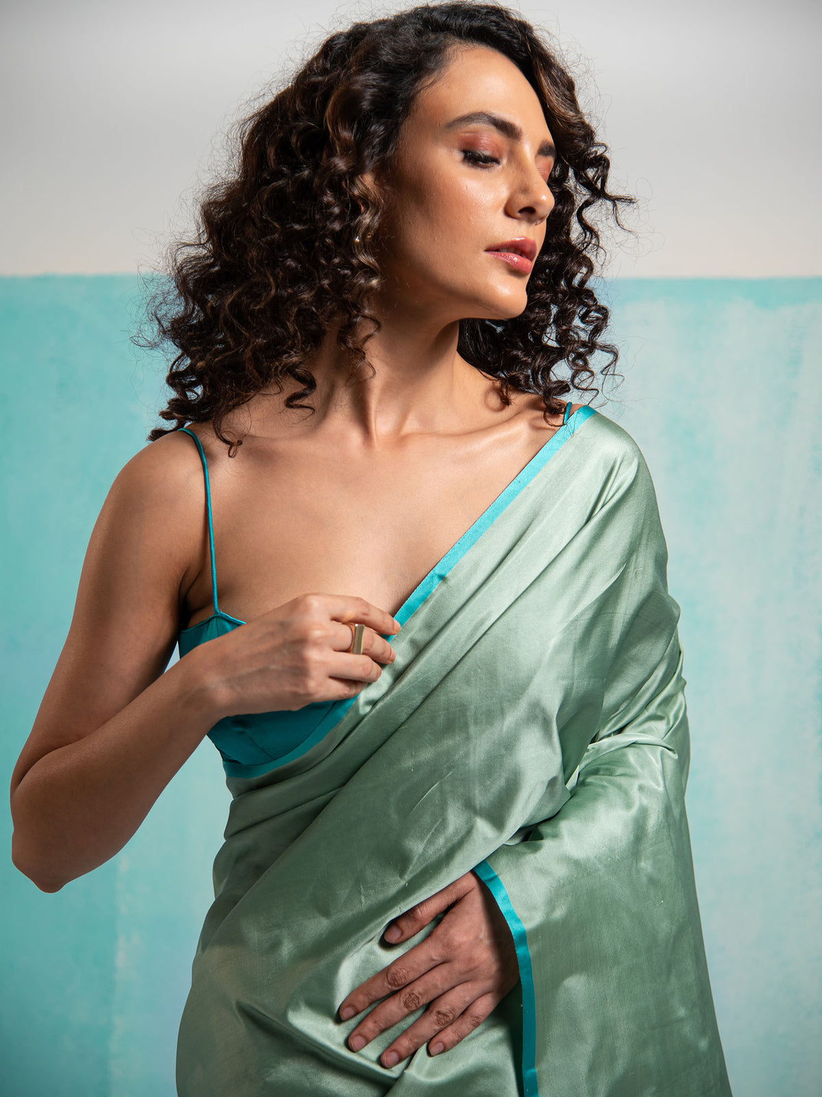 Greenish Grey Plain Satin Silk Handloom Banarasi Saree - Sacred Weaves