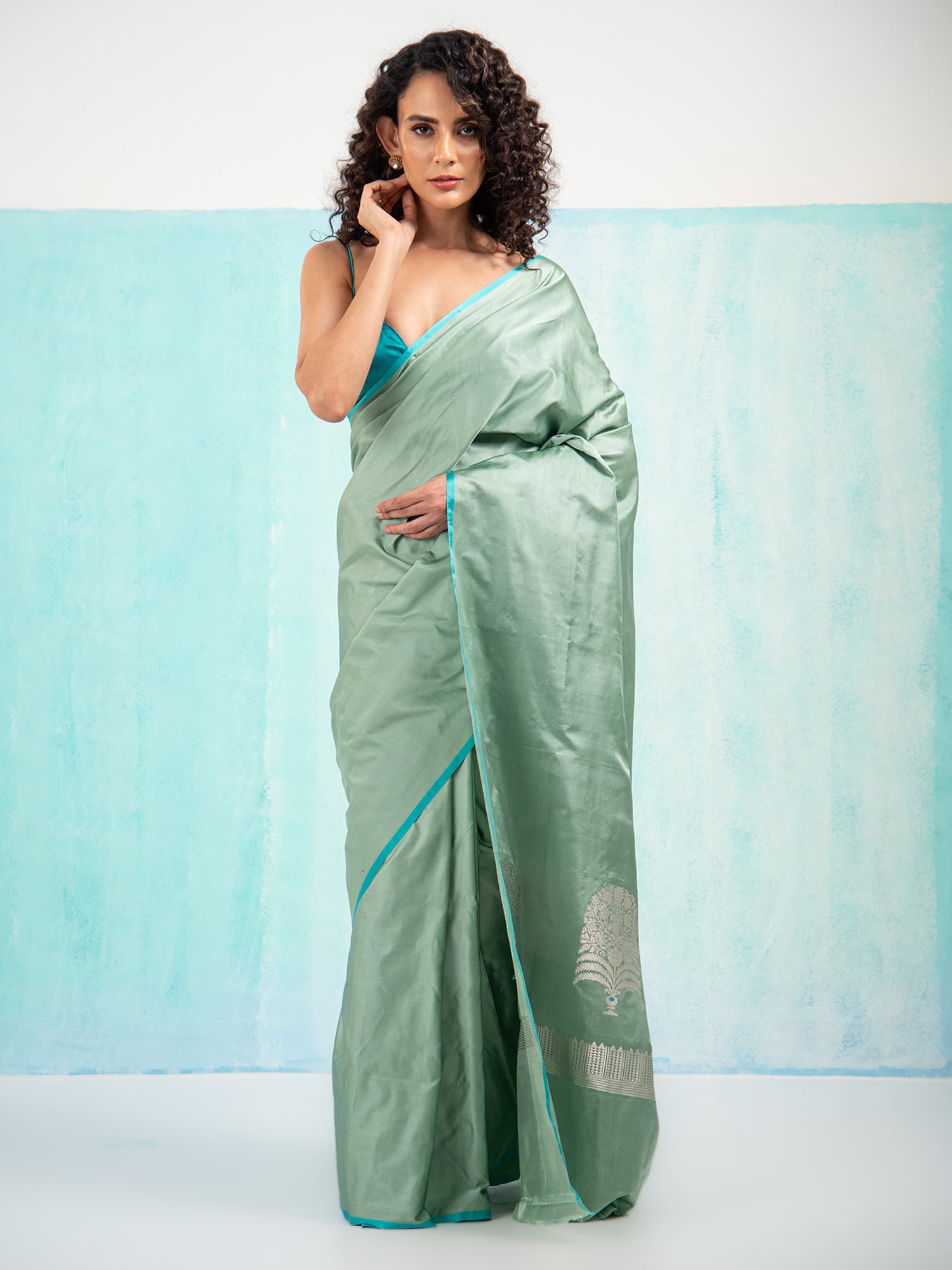 Greenish Grey Plain Satin Silk Handloom Banarasi Saree - Sacred Weaves