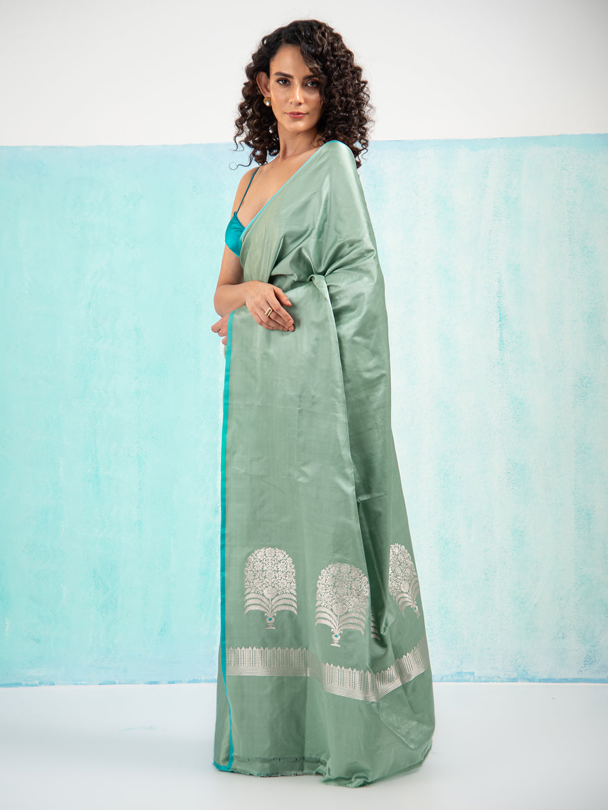 Greenish Grey Plain Satin Silk Handloom Banarasi Saree - Sacred Weaves
