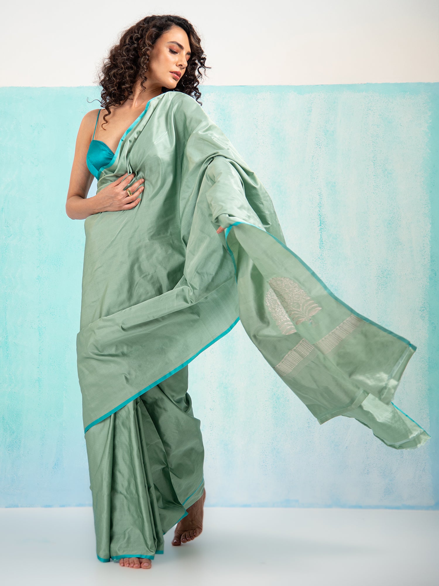 Greenish Grey Plain Satin Silk Handloom Banarasi Saree - Sacred Weaves