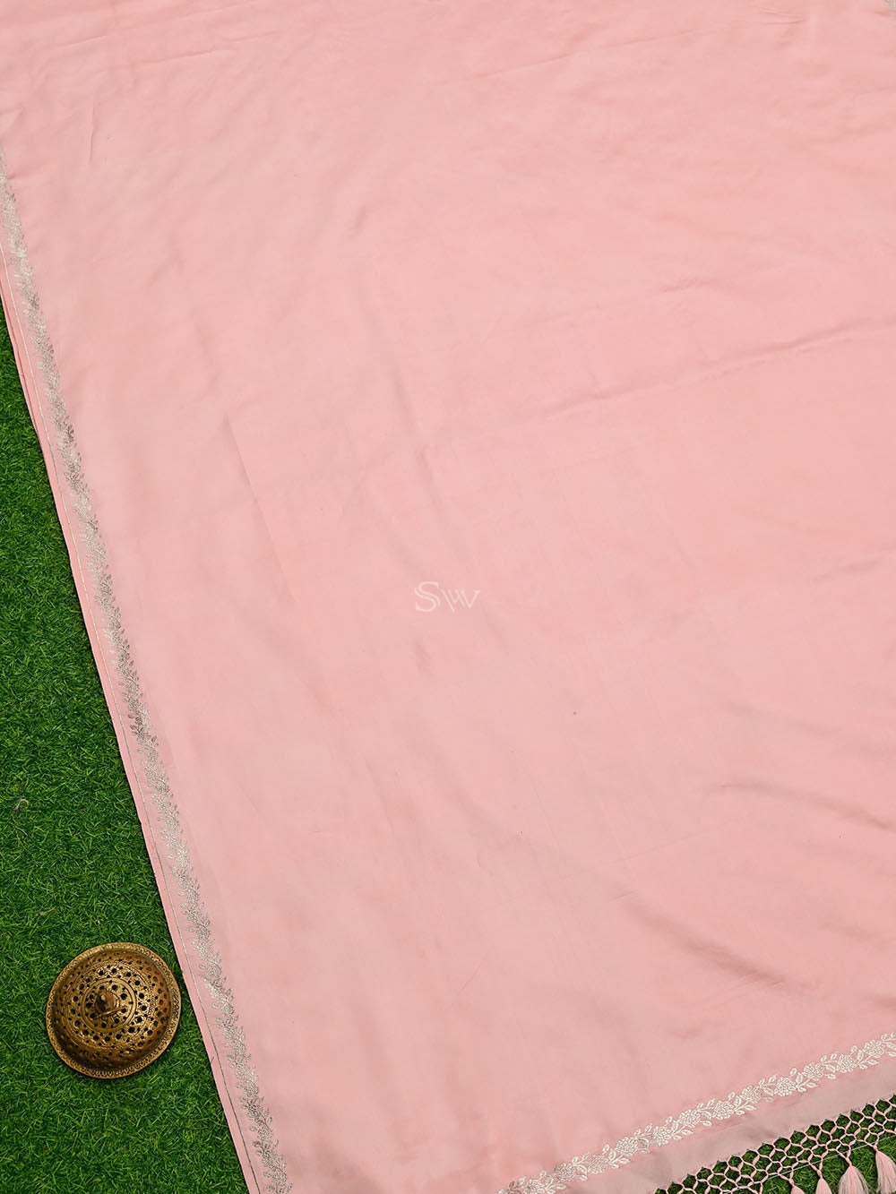 Pastel Peach Plain Satin Silk Handloom Banarasi Saree - Sacred Weaves