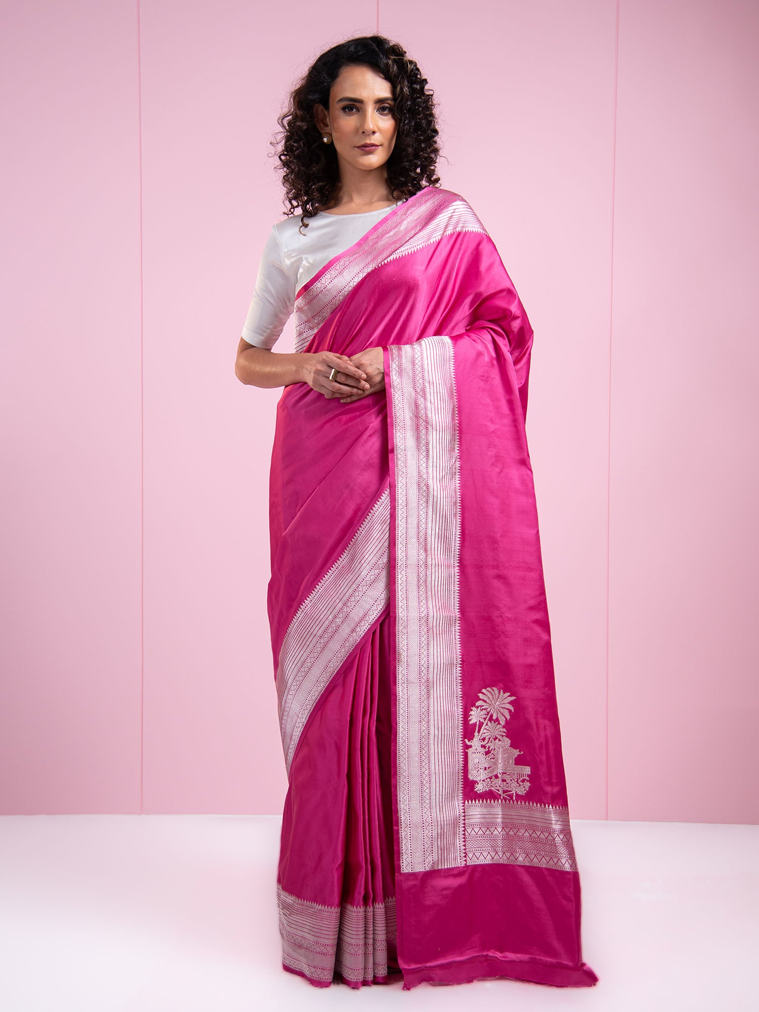 Dark Pink Satin Silk Handloom Banarasi Saree - Sacred Weaves