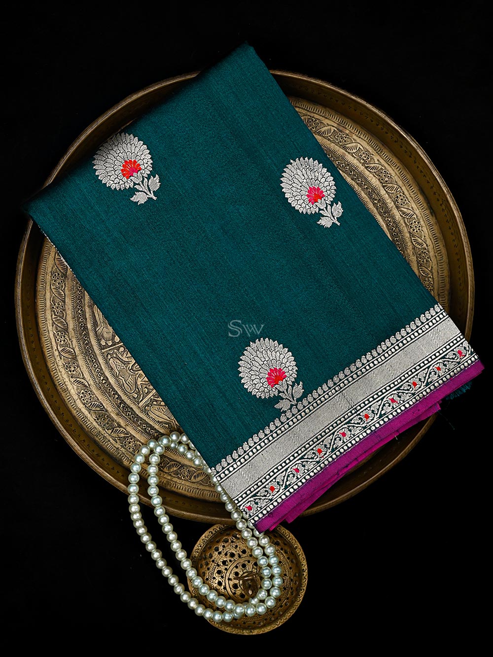 Teal Green Booti Tussar Silk Handloom Banarasi Saree