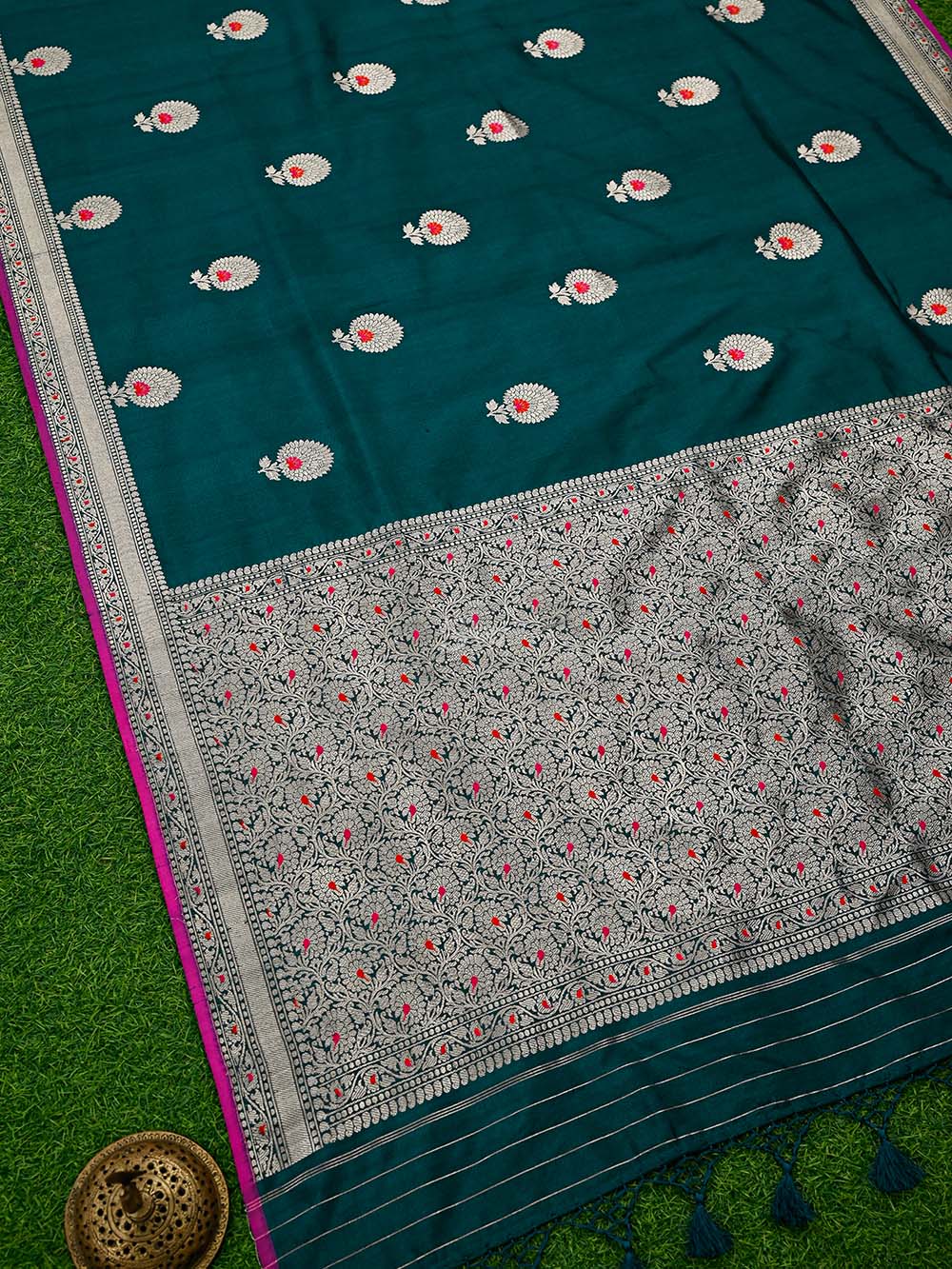 Teal Green Booti Tussar Silk Handloom Banarasi Saree