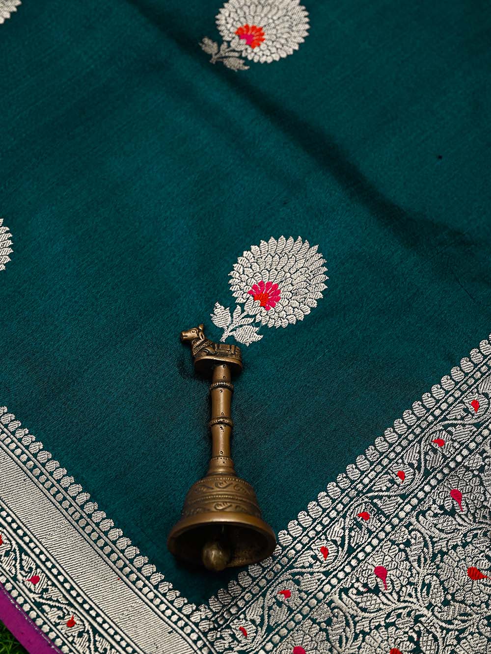Teal Green Booti Tussar Silk Handloom Banarasi Saree
