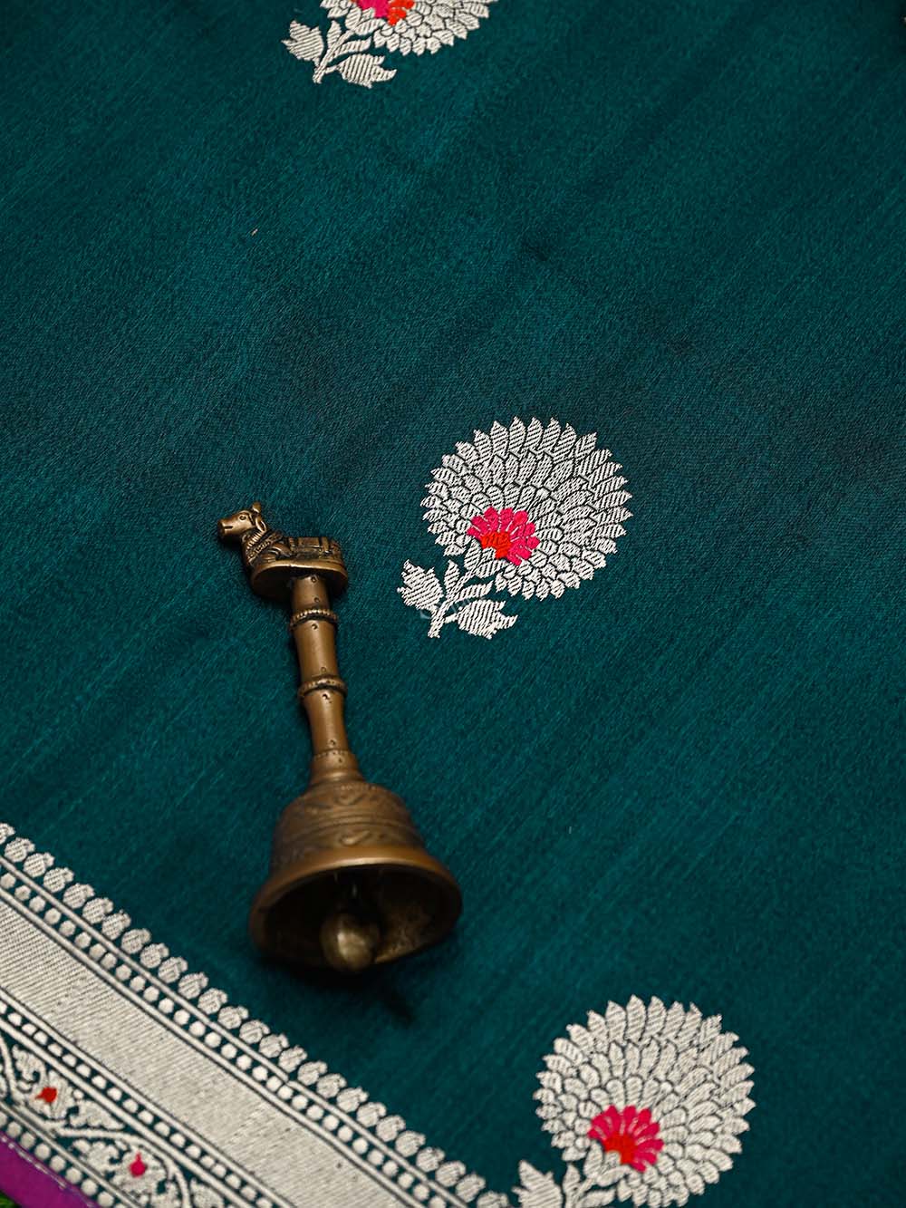 Teal Green Booti Tussar Silk Handloom Banarasi Saree