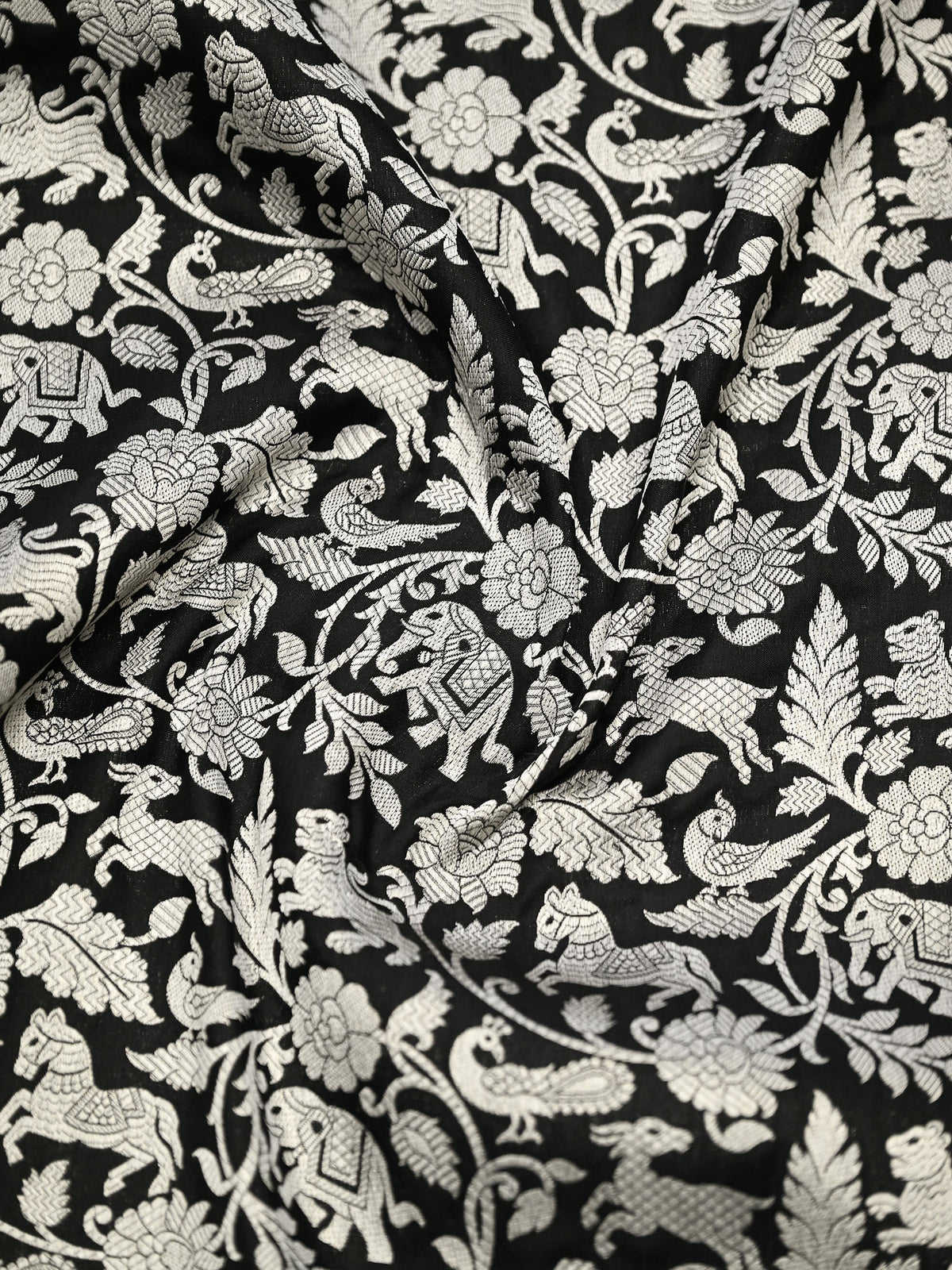 Black Shikargah Katan Silk Handloom Banarasi Saree - Sacred Weaves