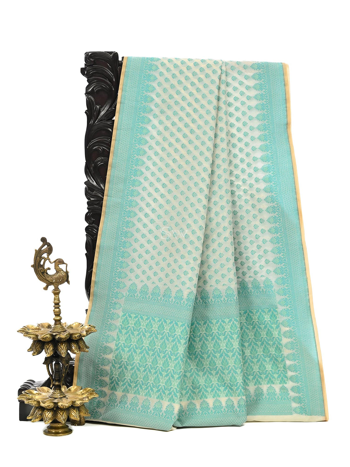 Cream Meenakari Booti Cotton Silk Handloom Banarasi Saree - Sacred Weaves