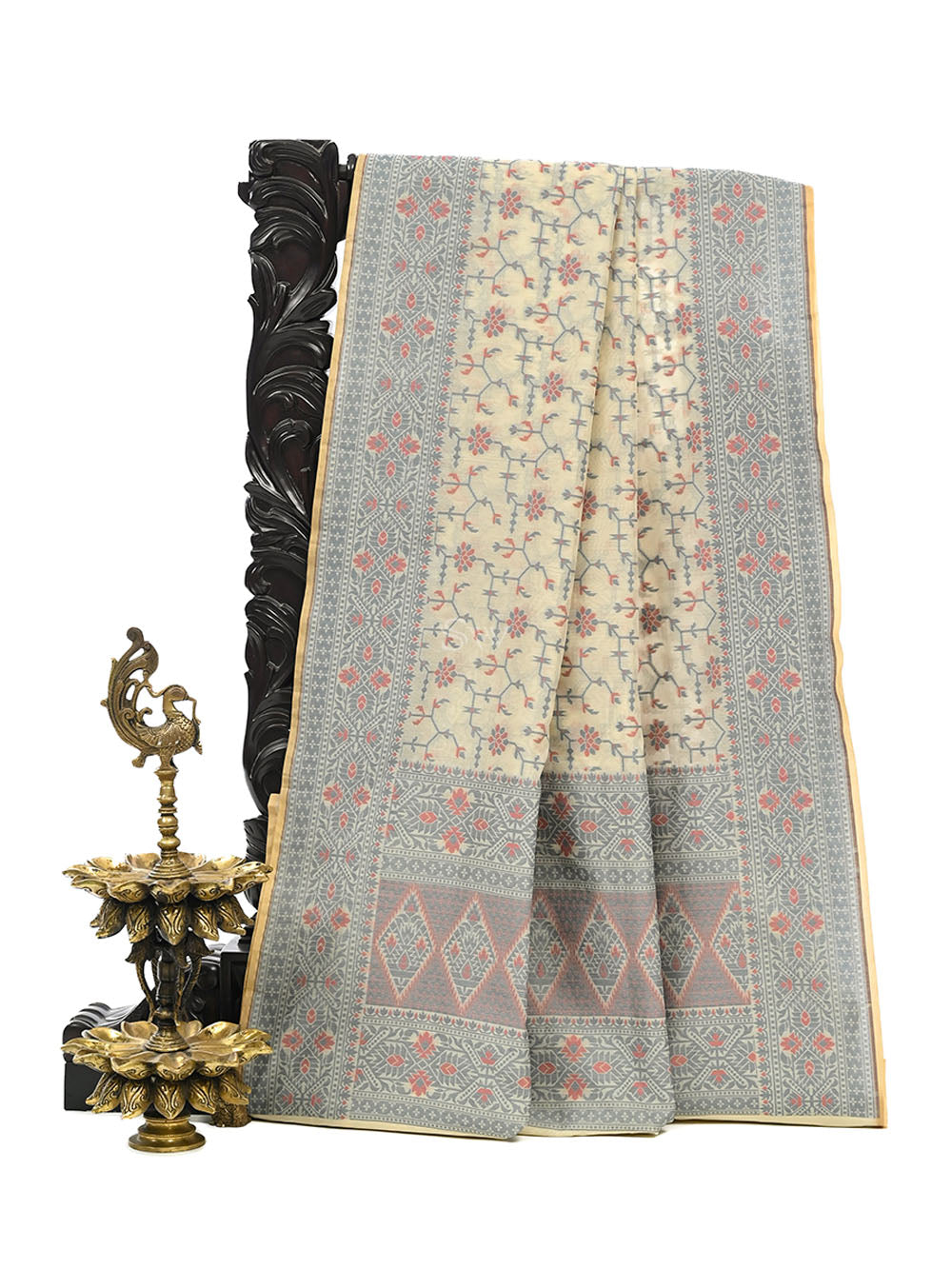 Cream Meenakari Jaal Cotton Silk Handloom Banarasi Saree - Sacred Weaves