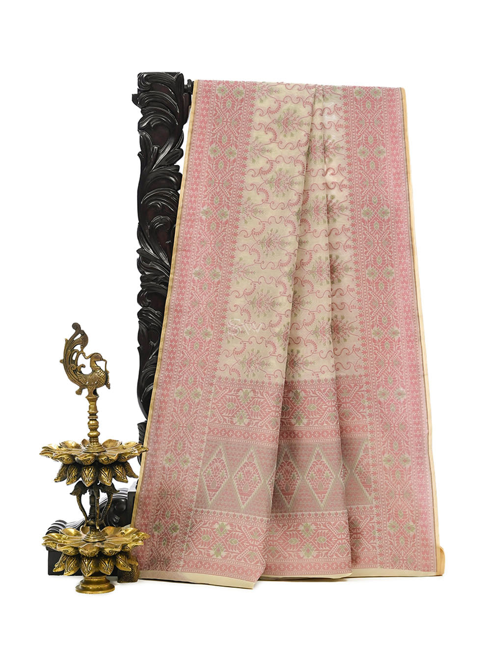 Cream Meenakari Jaal Cotton Silk Handloom Banarasi Saree - Sacred Weaves