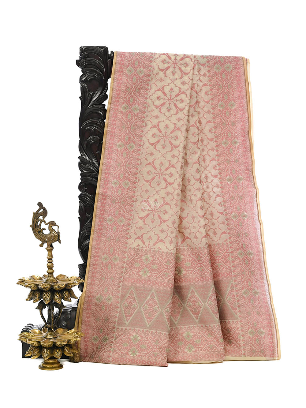 Cream Meenakari Jaal Cotton Silk Handloom Banarasi Saree - Sacred Weaves