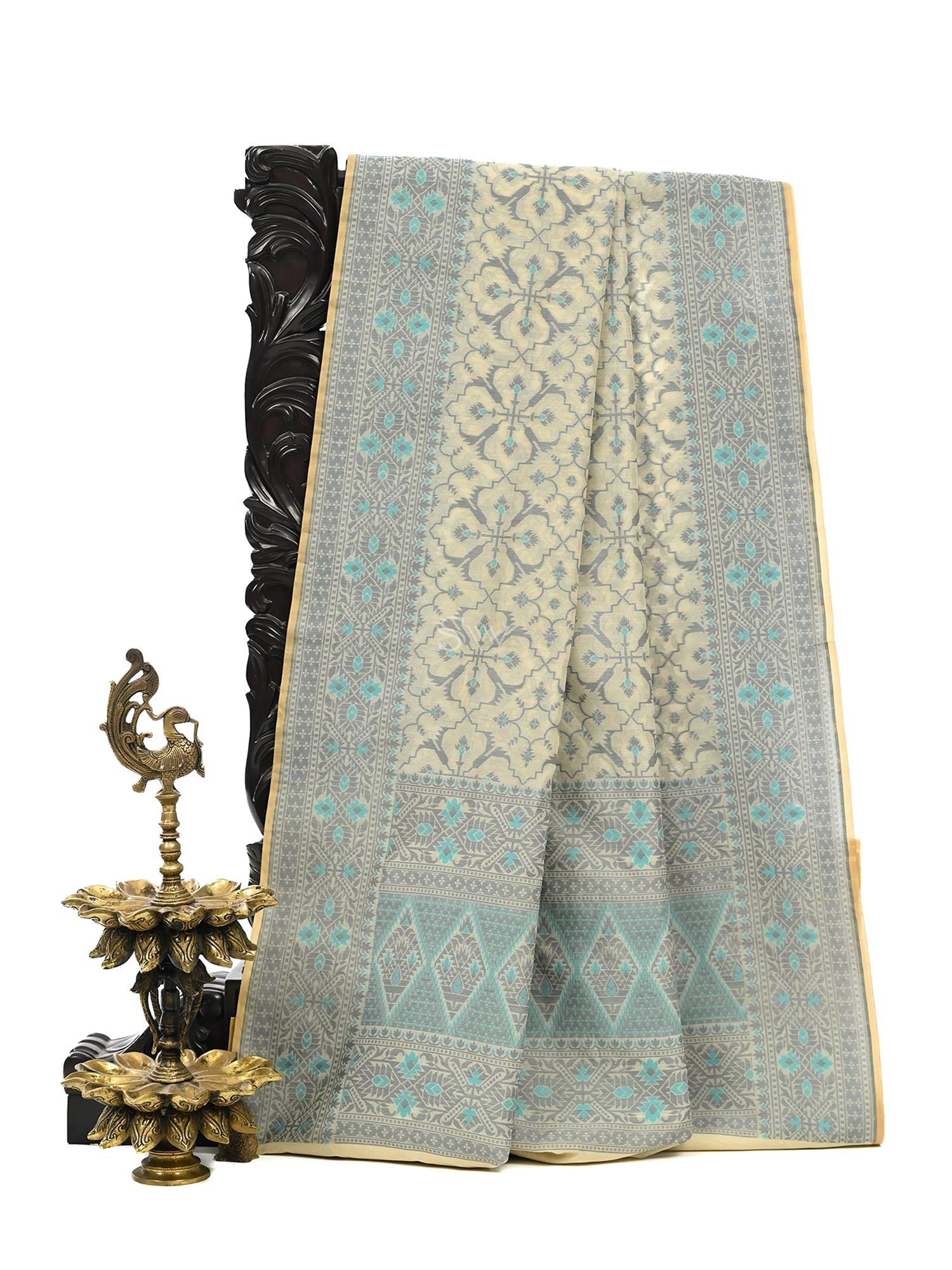 Beige Meenakari Jaal Cotton Silk Handloom Banarasi Saree - Sacred Weaves