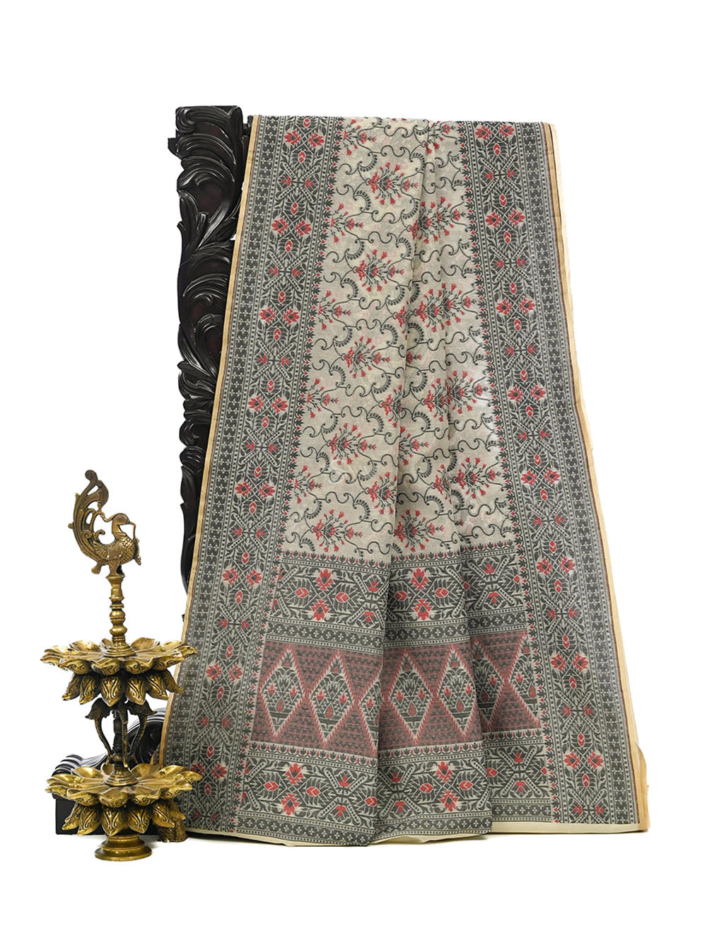 Off-White Meenakari Jaal Cotton Silk Handloom Banarasi Saree - Sacred Weaves