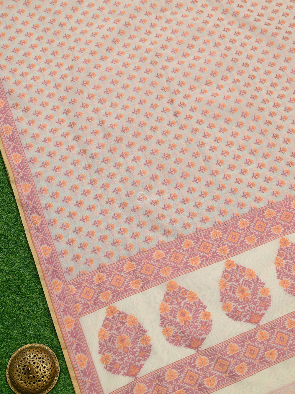 Off White Meenakari Jaal Cotton Silk Handloom Banarasi Saree - Sacred Weaves