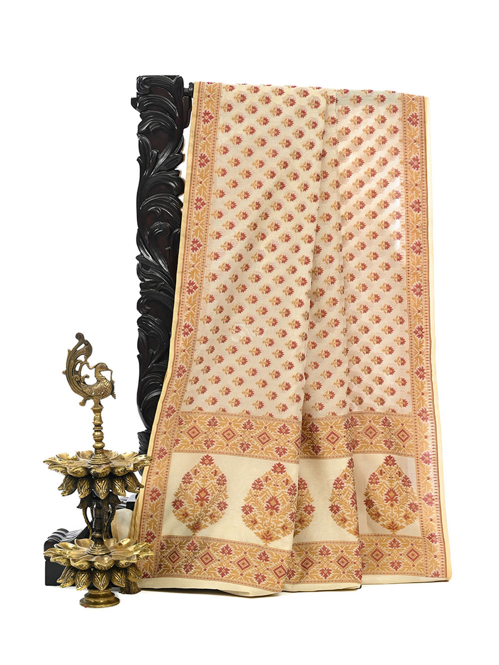 Cream Meenakari Booti Cotton Silk Handloom Banarasi Saree - Sacred Weaves