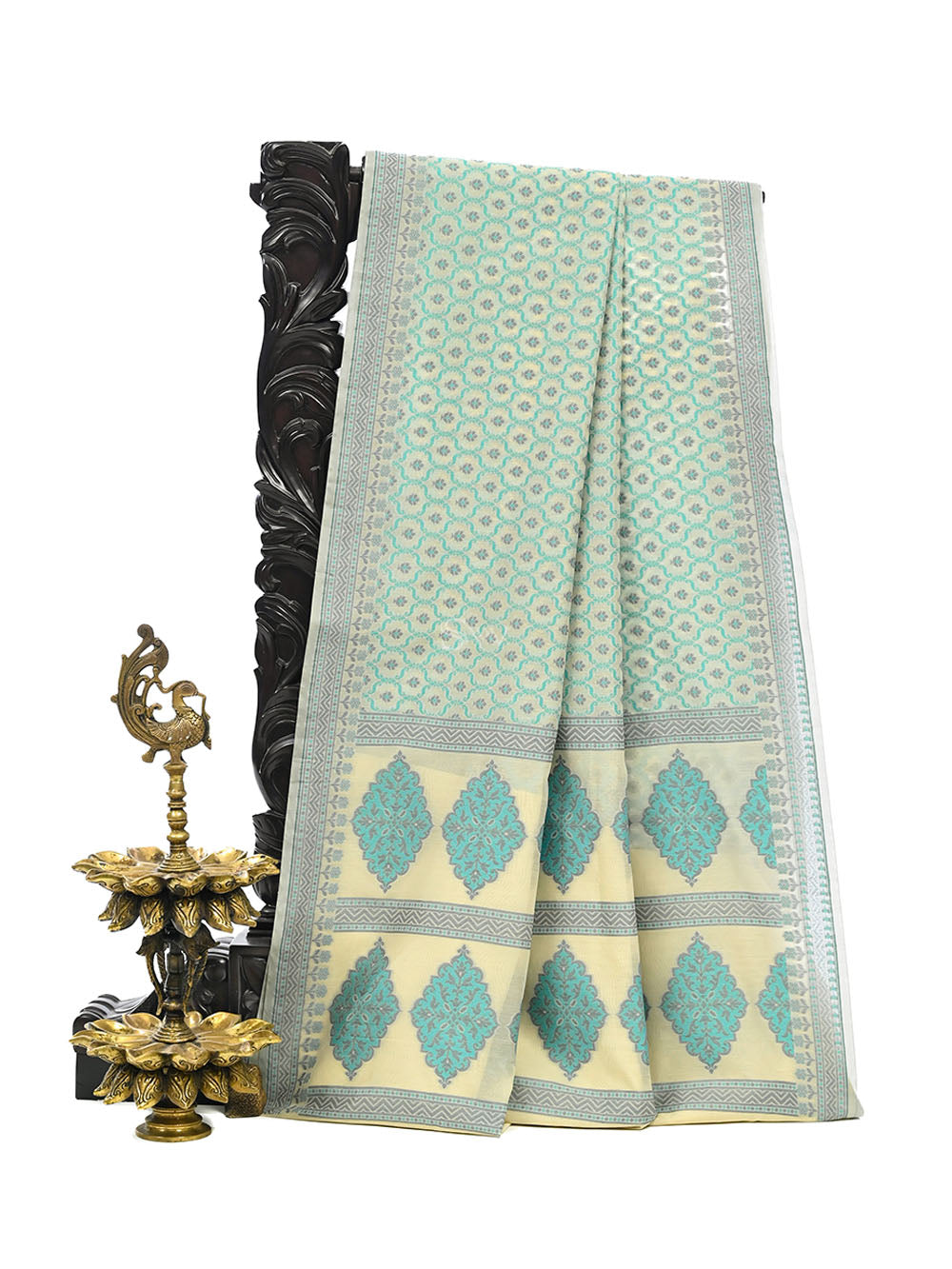 Cream Meenakari Booti Cotton Silk Handloom Banarasi Saree - Sacred Weaves