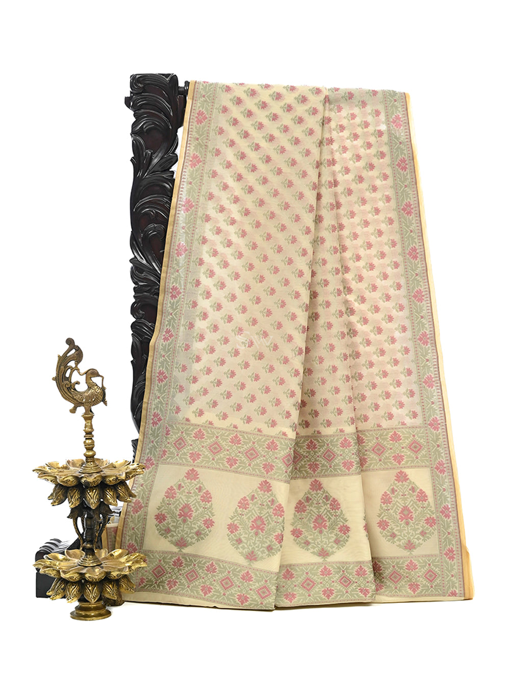 Off-White Meenakari Booti Cotton Silk Handloom Banarasi Saree - Sacred Weaves