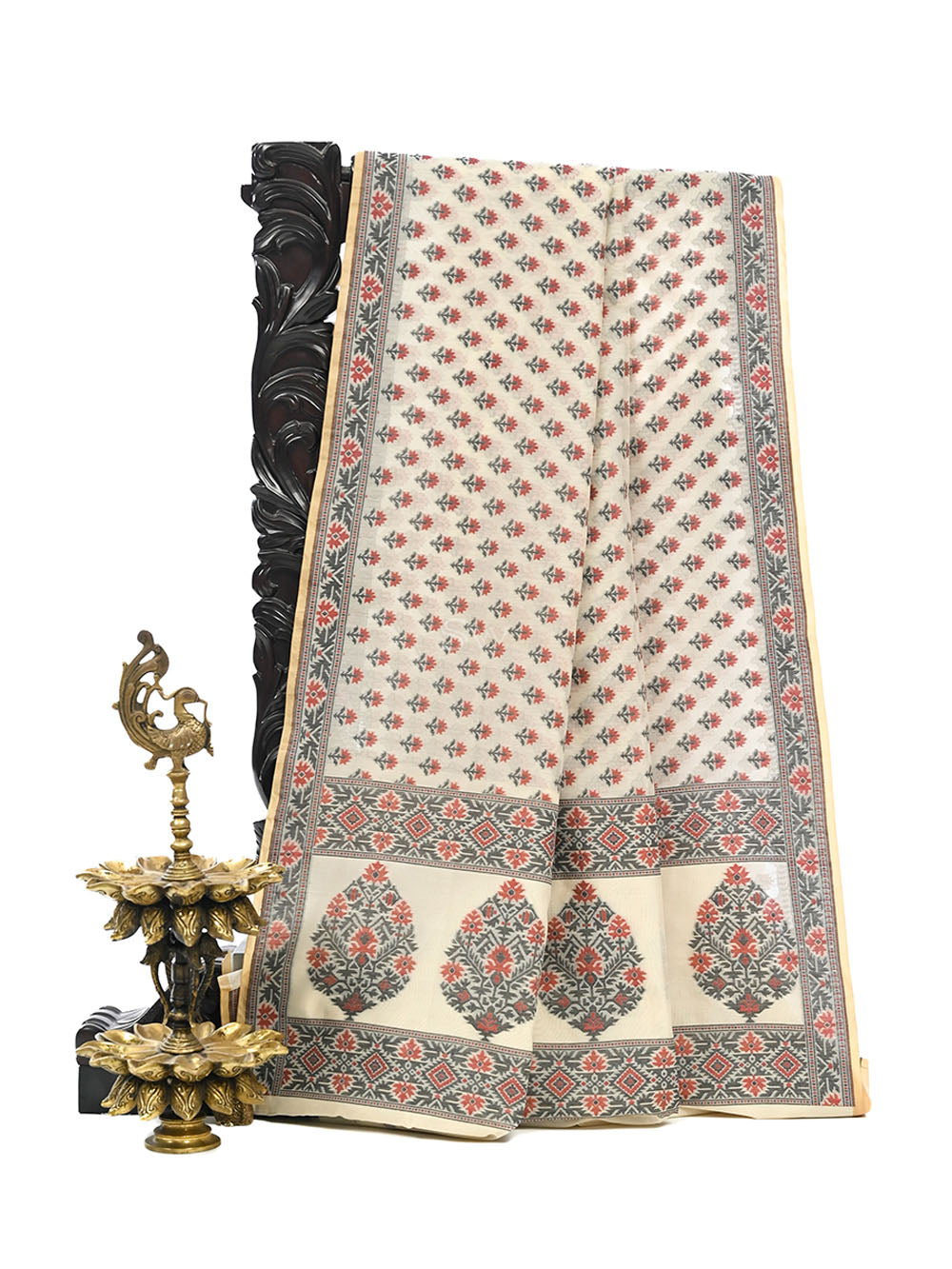 Cream Meenakari Booti Cotton Silk Handloom Banarasi Saree - Sacred Weaves