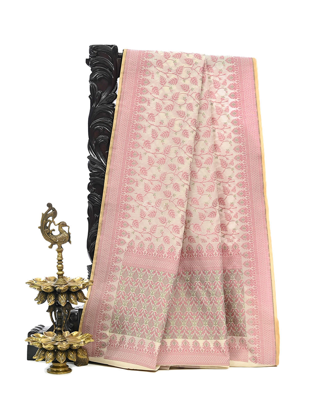 Off-White Meenakari Booti Cotton Silk Handloom Banarasi Saree - Sacred Weaves