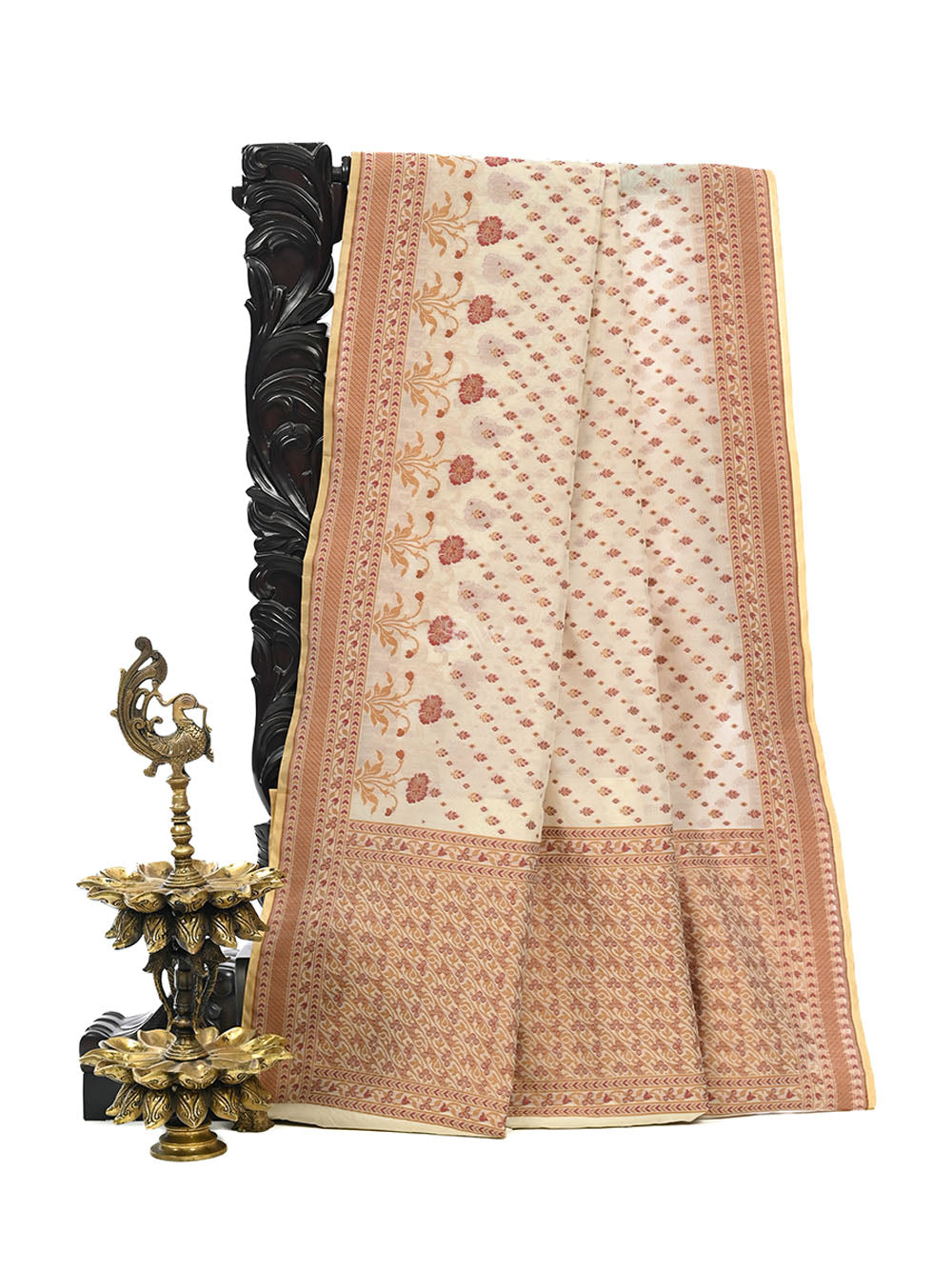 Cream Meenakari Leheriya Booti Cotton Silk Handloom Banarasi Saree - Sacred Weaves