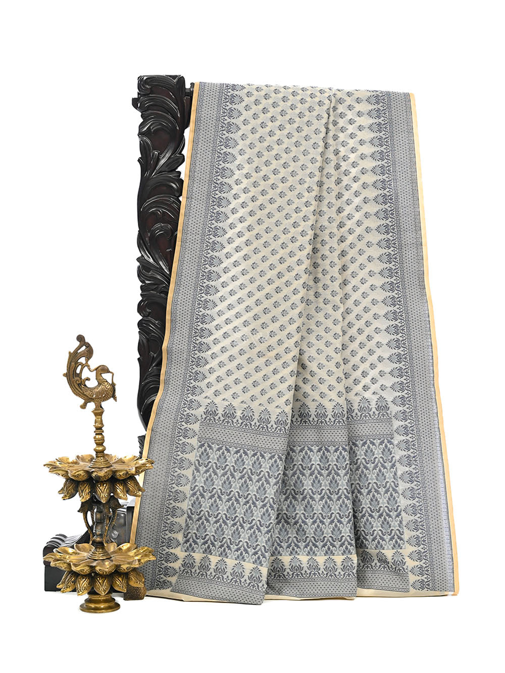 Off-White Meenakari Booti Cotton Silk Handloom Banarasi Saree - Sacred Weaves