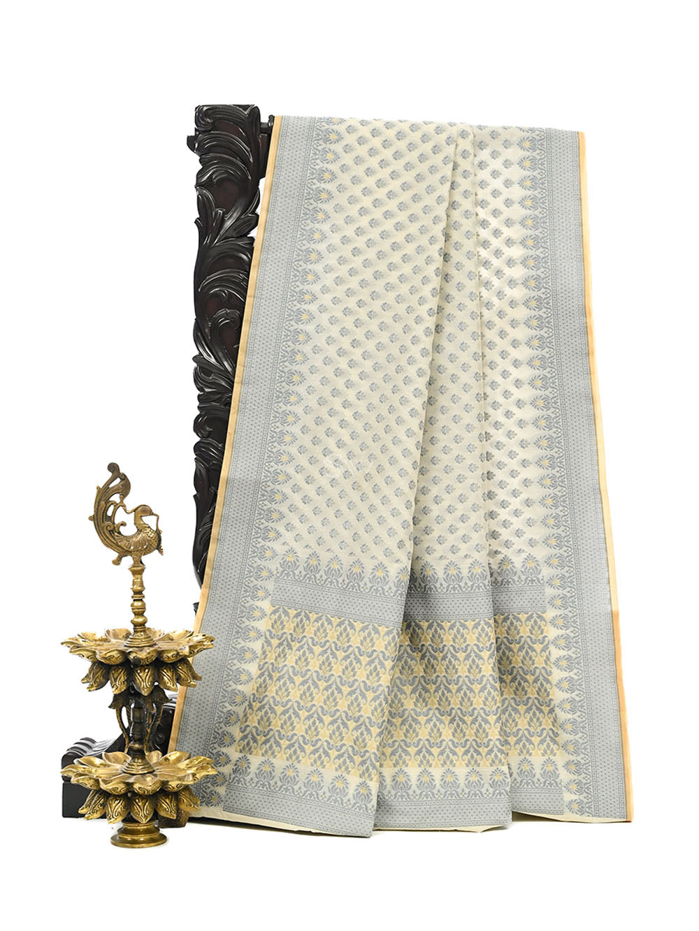 Off-White Meenakari Booti Cotton Silk Handloom Banarasi Saree - Sacred Weaves