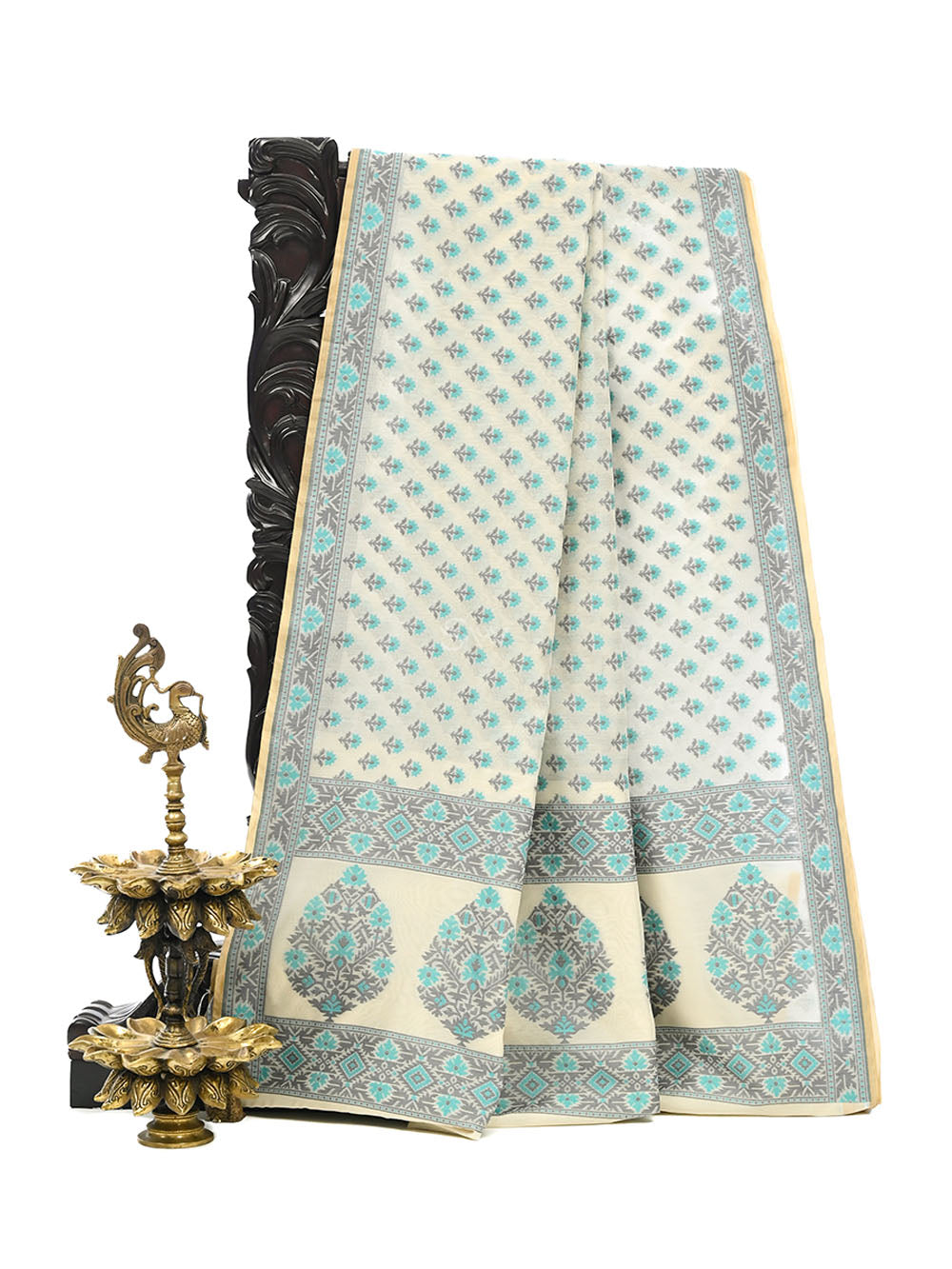 White Meenakari Booti Cotton Silk Handloom Banarasi Saree - Sacred Weaves