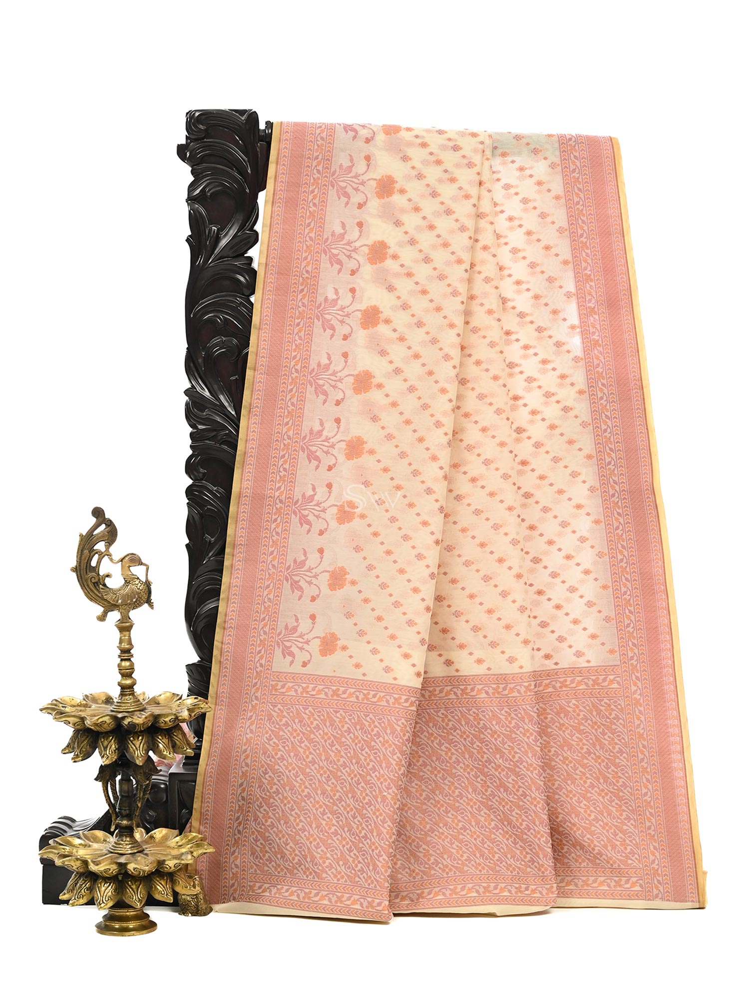 Beige Meenakari Booti Cotton Silk Handloom Banarasi Saree - Sacred Weaves