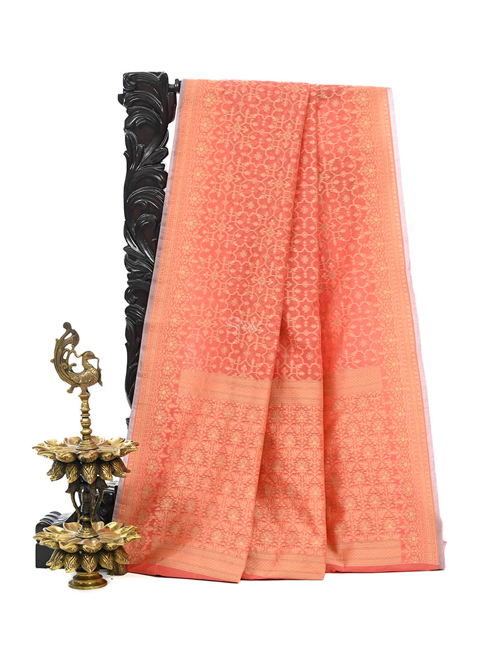 Coral Pink Meenakari Jaal Cotton Silk Handloom Banarasi Saree - Sacred Weaves
