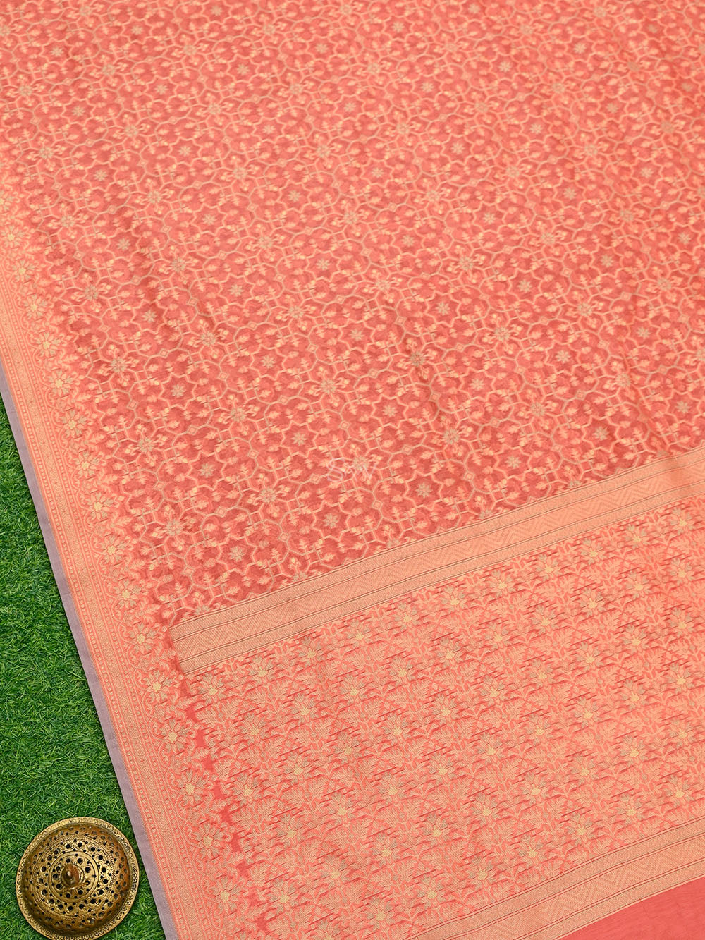 Coral Pink Meenakari Jaal Cotton Silk Handloom Banarasi Saree - Sacred Weaves