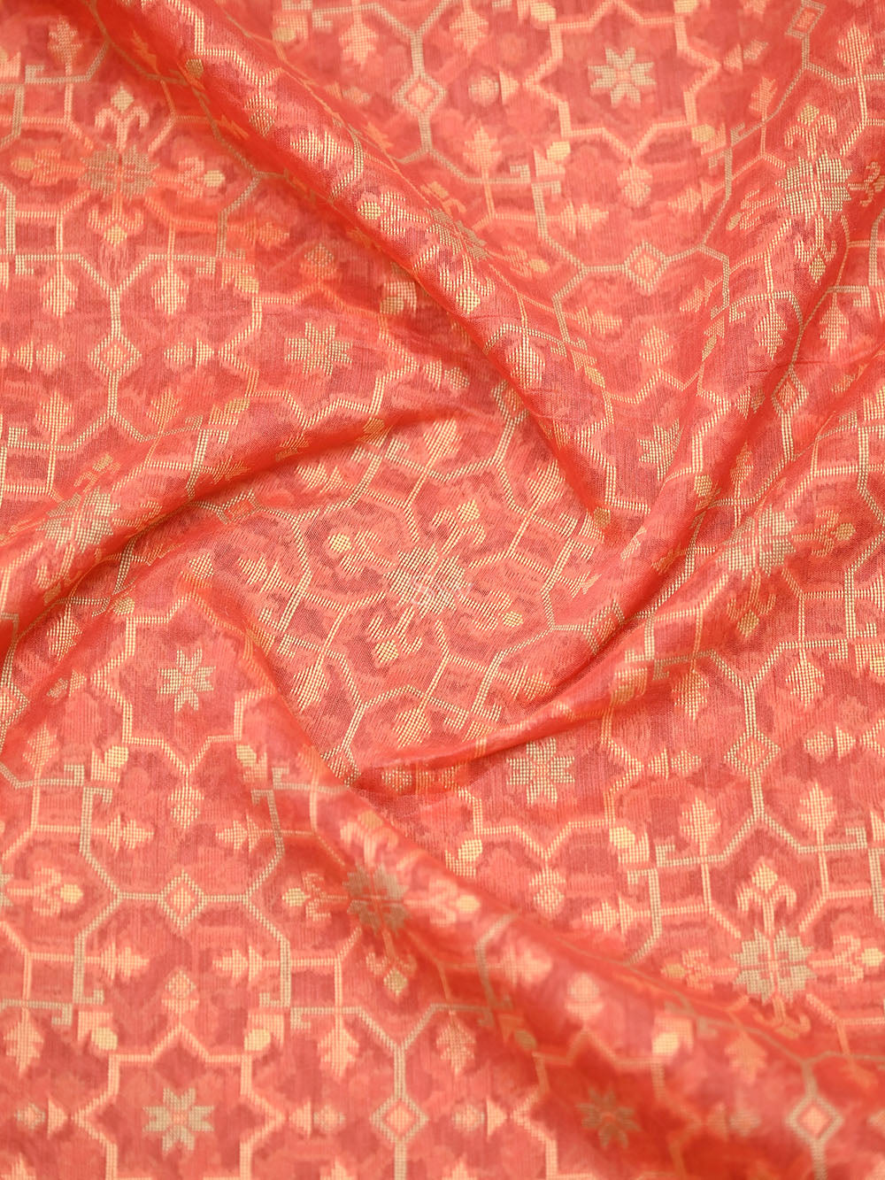 Coral Pink Meenakari Jaal Cotton Silk Handloom Banarasi Saree - Sacred Weaves