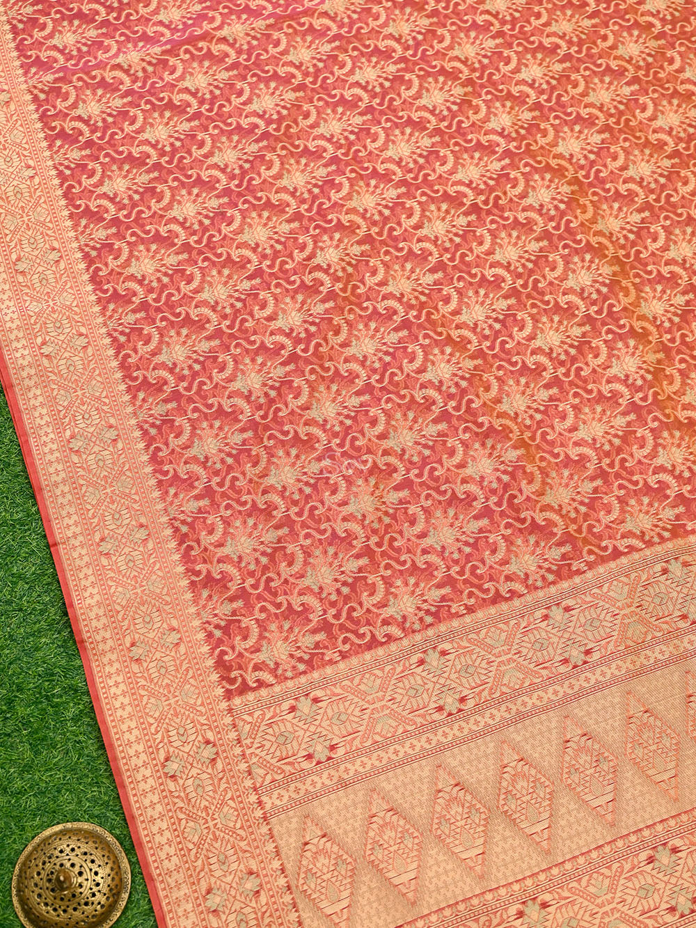 Pink Yellow Meenakari Jaal Cotton Silk Handloom Banarasi Saree - Sacred Weaves