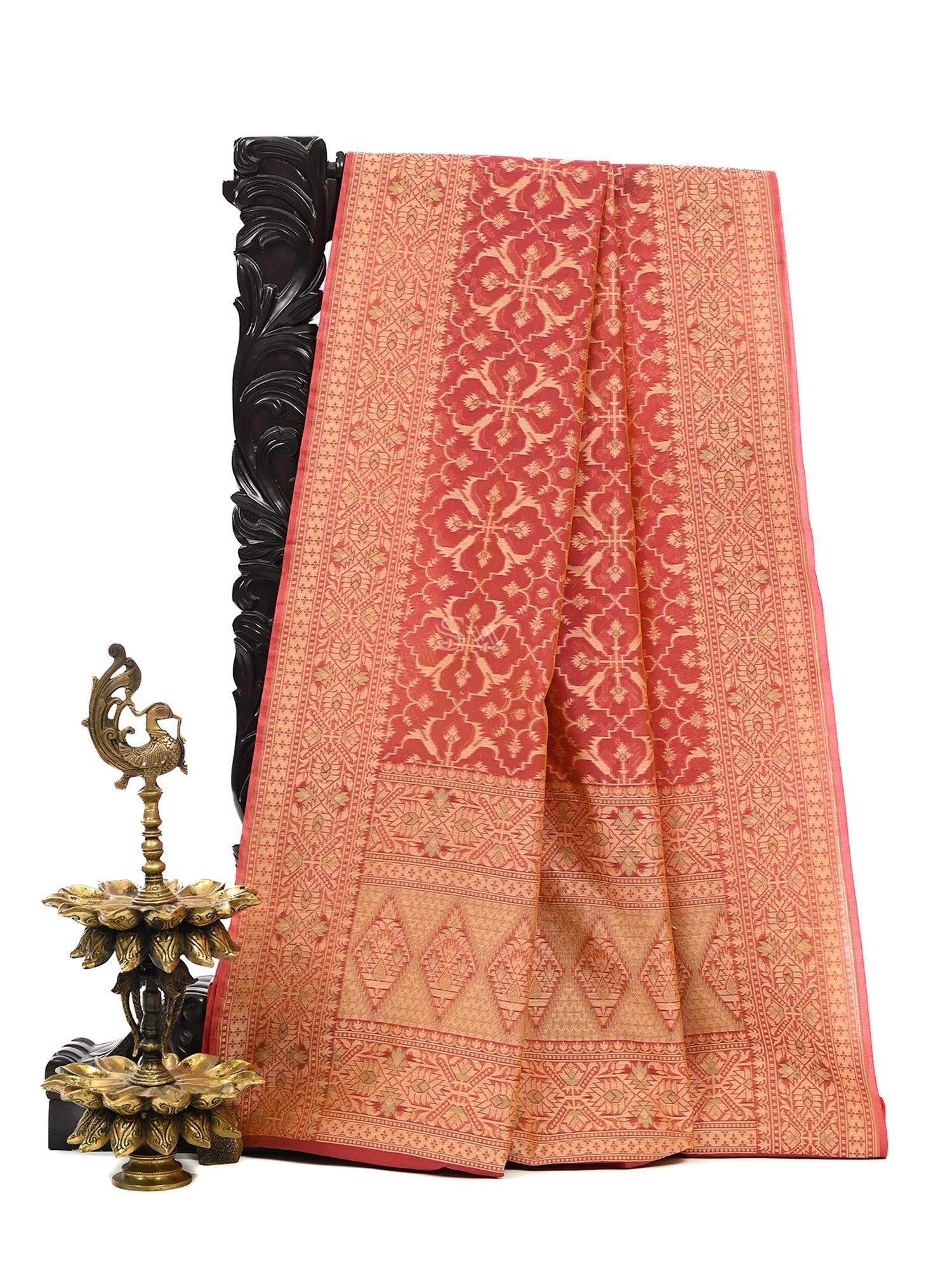 Pink Orange Meenakari Jaal Cotton Silk Handloom Banarasi Saree - Sacred Weaves