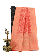 Bright Coral Pink Meenakari Jaal Cotton Silk Handloom Banarasi Saree - Sacred Weaves