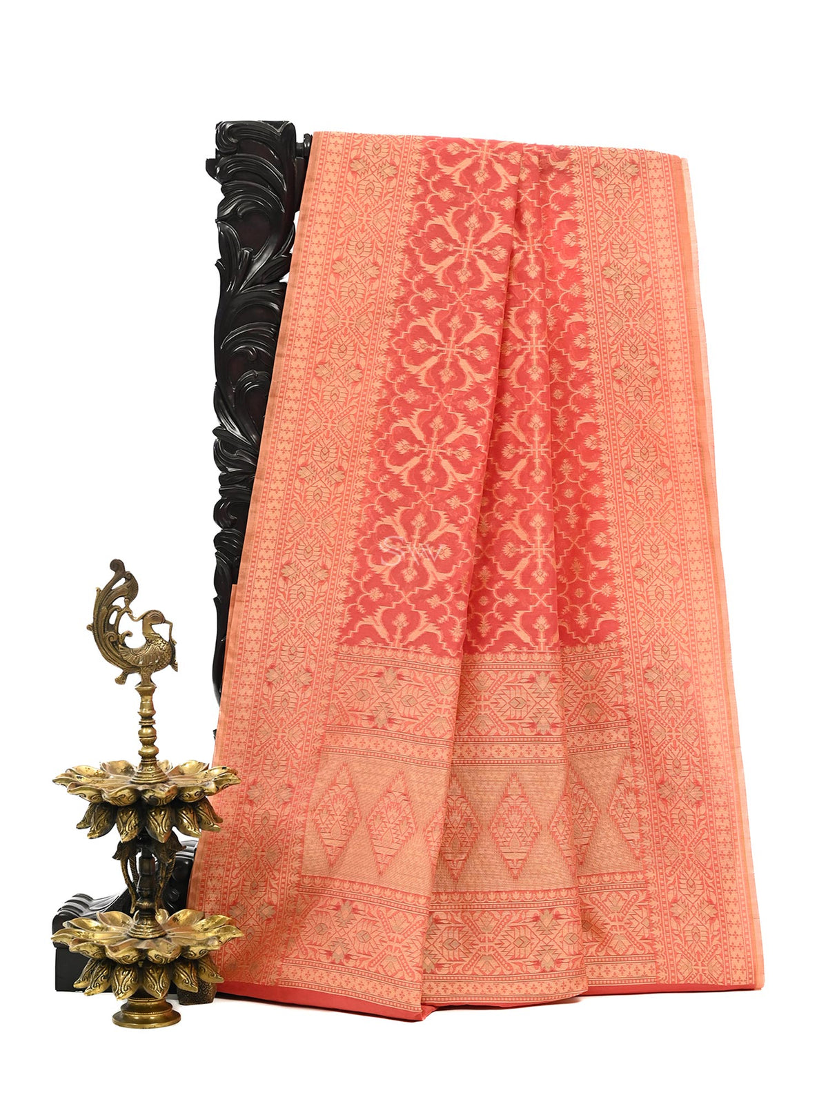 Bright Coral Pink Meenakari Jaal Cotton Silk Handloom Banarasi Saree - Sacred Weaves