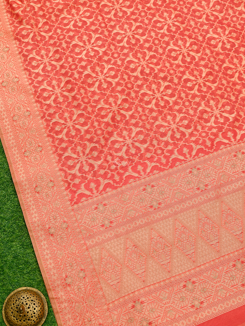 Bright Coral Pink Meenakari Jaal Cotton Silk Handloom Banarasi Saree - Sacred Weaves