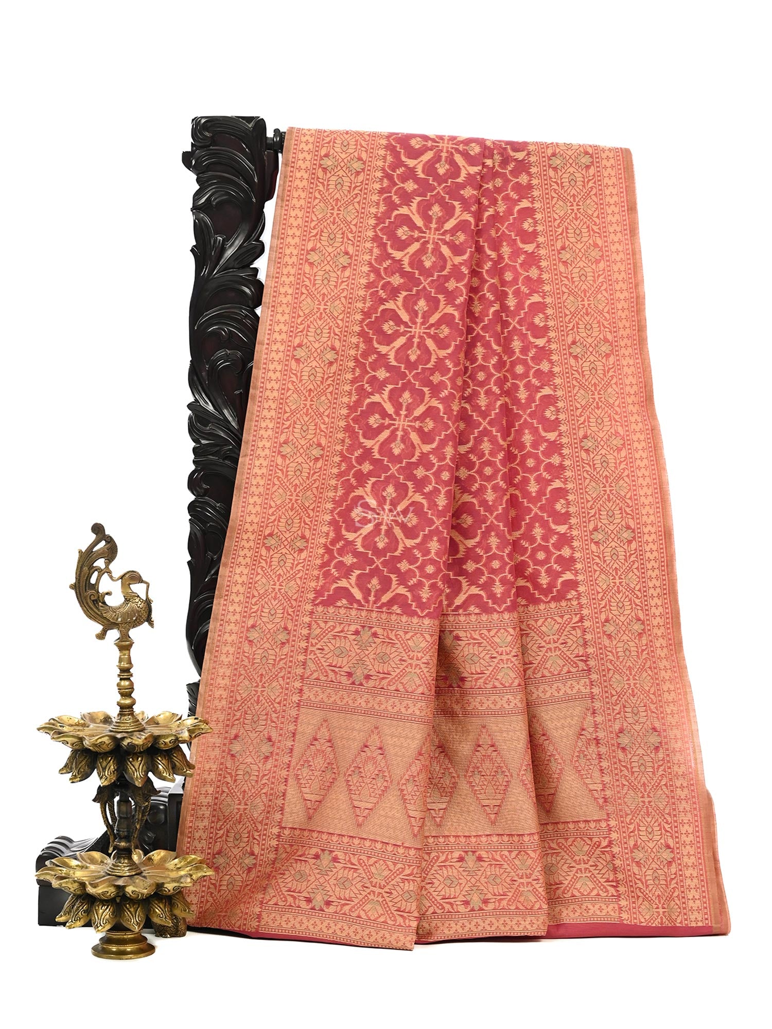 Dark Coral Pink Meenakari Jaal Cotton Silk Handloom Banarasi Saree - Sacred Weaves