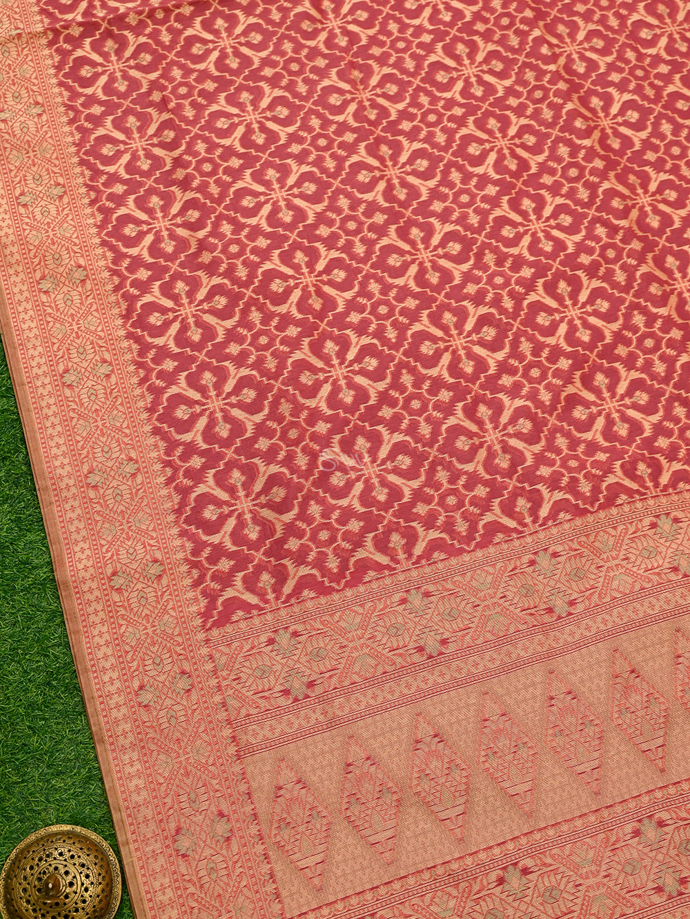 Dark Coral Pink Meenakari Jaal Cotton Silk Handloom Banarasi Saree - Sacred Weaves