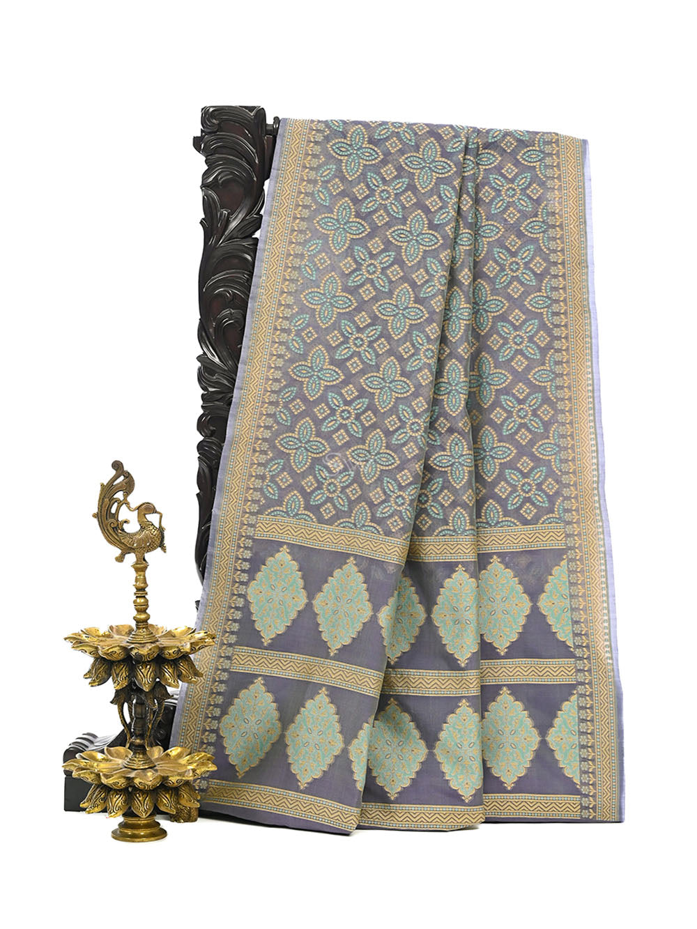 Grey Meenakari Booti Cotton Silk Handloom Banarasi Saree - Sacred Weaves