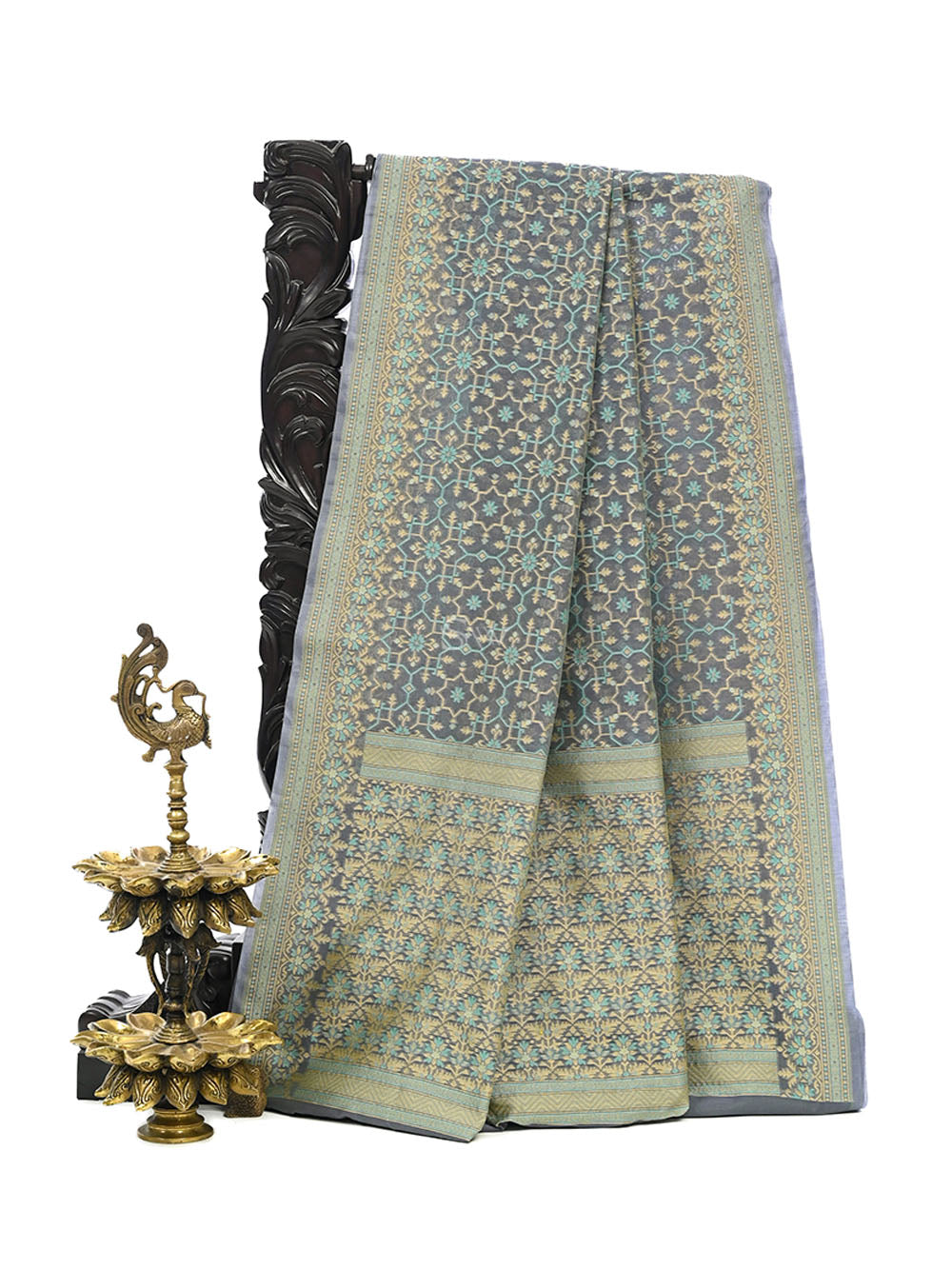 Grey Meenakari Jaal Cotton Silk Handloom Banarasi Saree - Sacred Weaves