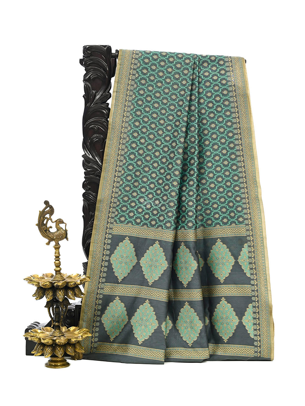 Dark Grey Meenakari Booti Cotton Silk Handloom Banarasi Saree - Sacred Weaves