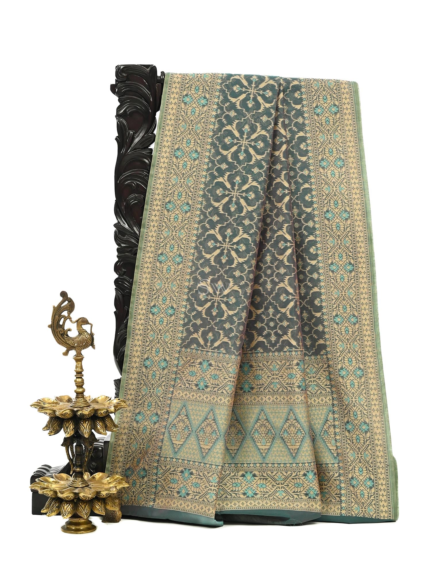 Teal Blue Meenakari Jaal Cotton Silk Handloom Banarasi Saree - Sacred Weaves