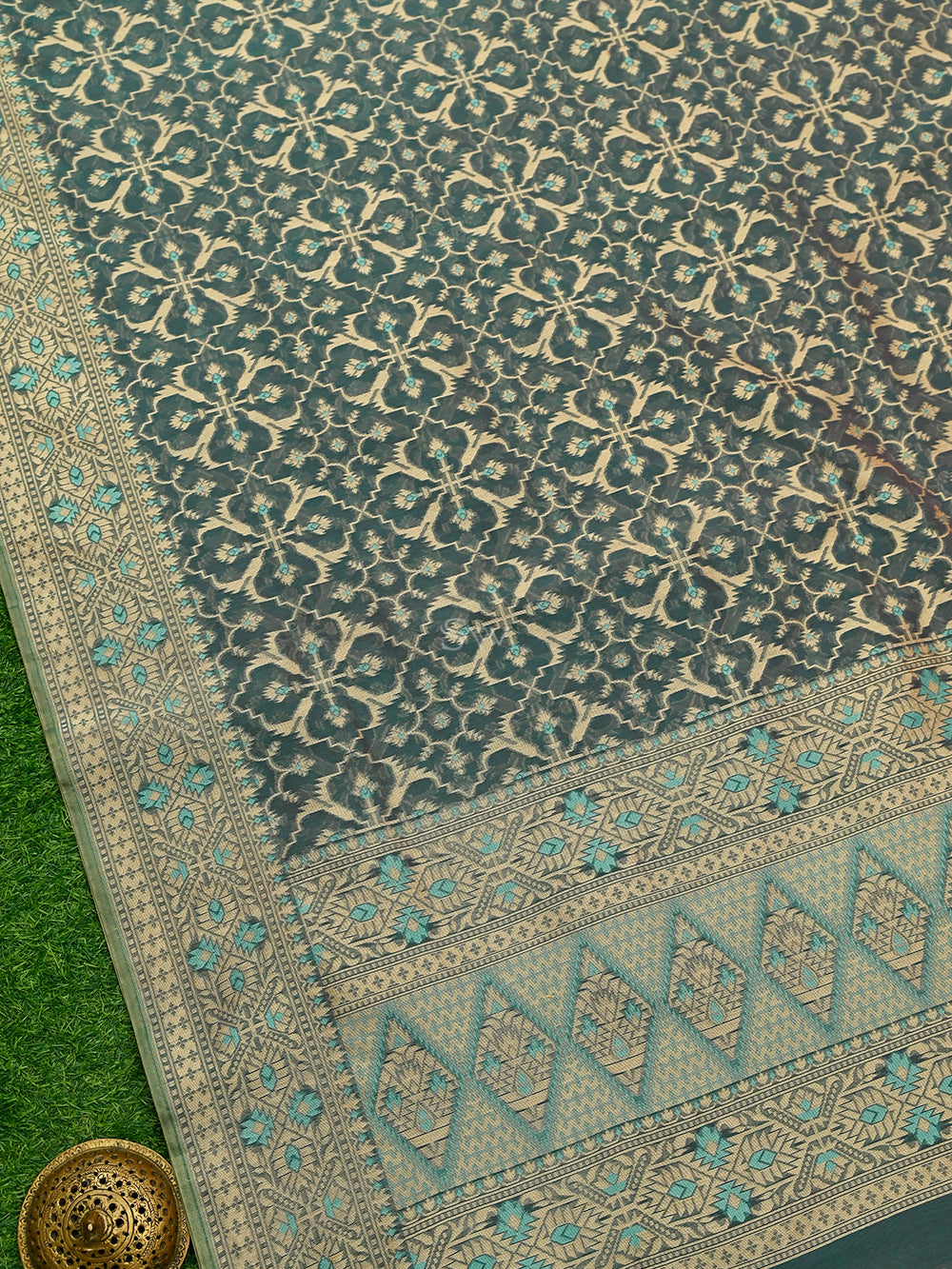 Teal Blue Meenakari Jaal Cotton Silk Handloom Banarasi Saree - Sacred Weaves