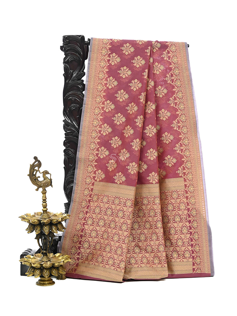 Onion Pink Meenakari Booti Cotton Silk Handloom Banarasi Saree - Sacred Weaves