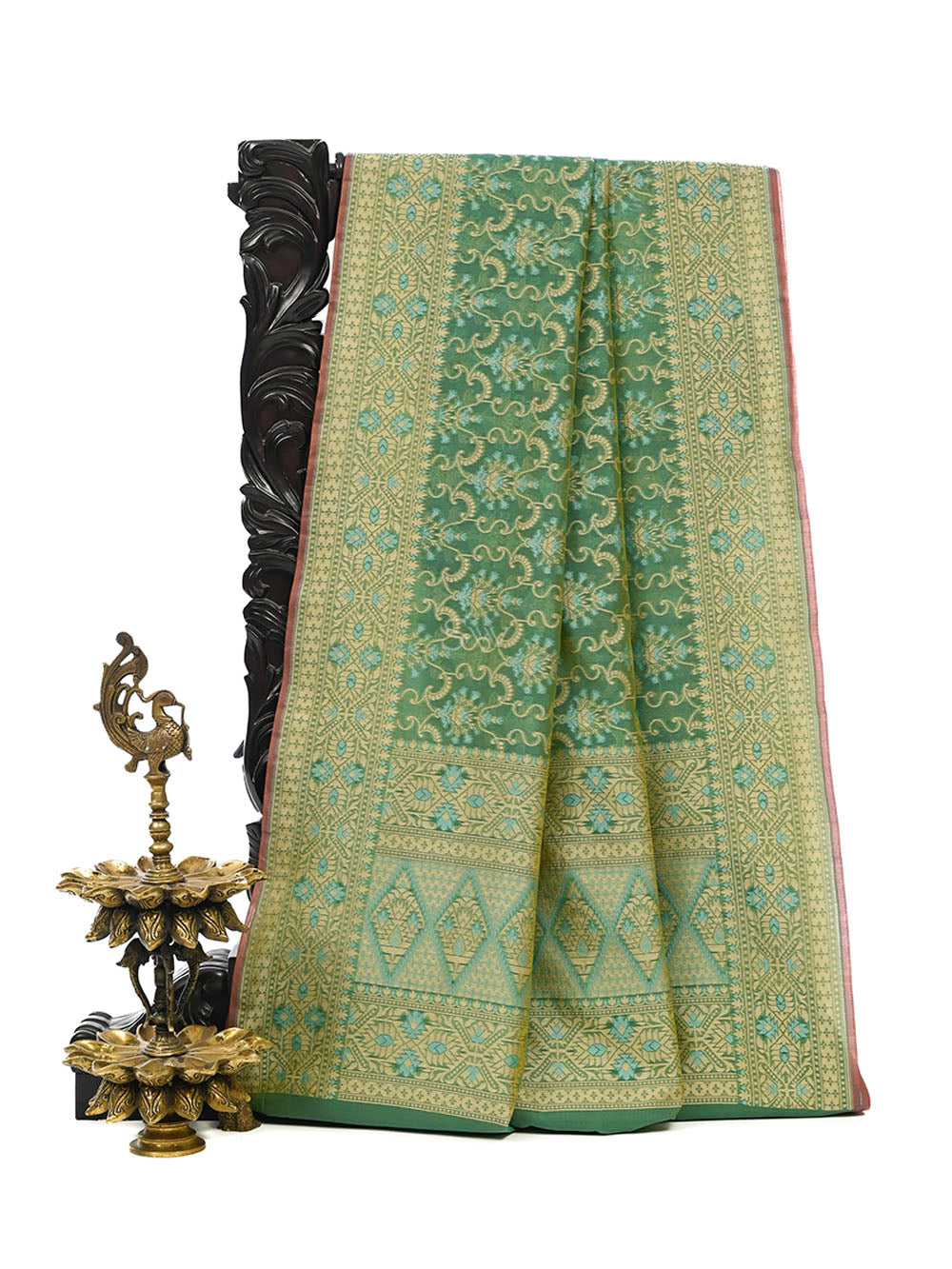 Green Yellow Meenakari Jaal Cotton Silk Handloom Banarasi Saree - Sacred Weaves