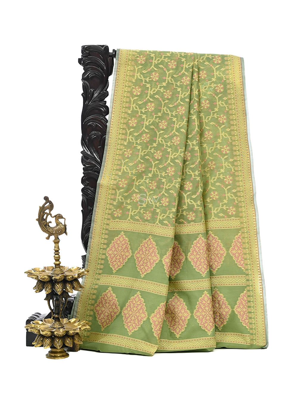 Pista Green Meenakari Jaal Cotton Silk Handloom Banarasi Saree - Sacred Weaves