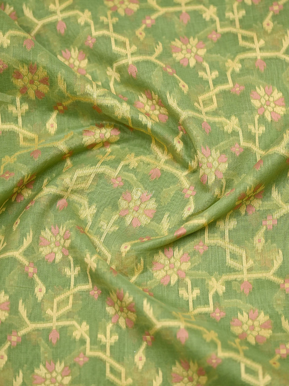 Pista Green Meenakari Jaal Cotton Silk Handloom Banarasi Saree - Sacred Weaves