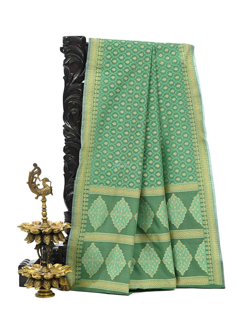 Green Meenakari Booti Cotton Silk Handloom Banarasi Saree - Sacred Weaves